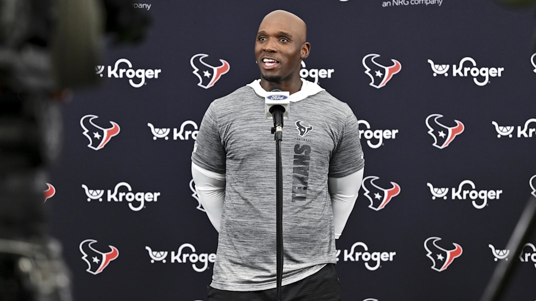 Jun 10, 2025; Houston, TX, USA; Houston Texans head coach DeMeco Ryans speaks during a press conference after an NFL football minicamp at NRG Stadium.