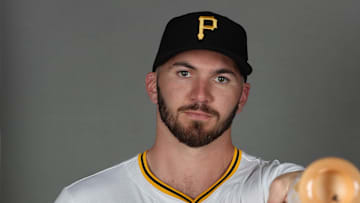 Feb 18, 2025; Bradenton, FL, USA; Pittsburgh Pirates first base Spencer Horwitz (2) poses for a photo during media day at Pirate City. Mandatory Credit: Kim Klement Neitzel-Imagn Images
