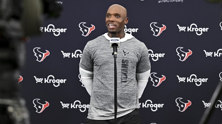 Jun 10, 2025; Houston, TX, USA; Houston Texans head coach DeMeco Ryans speaks during a press conference after an NFL football minicamp at NRG Stadium.