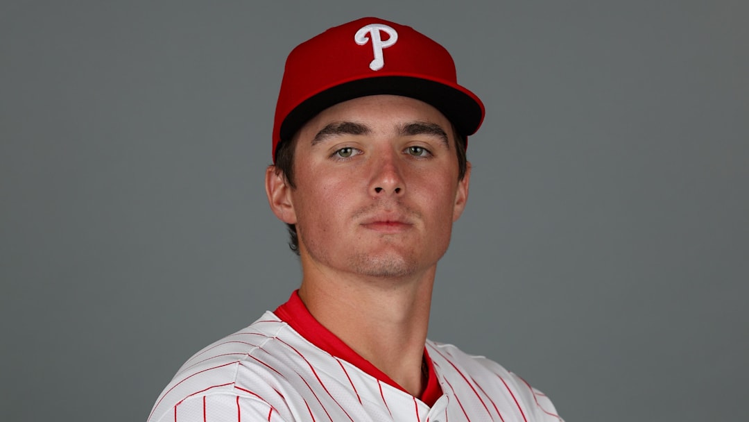 Feb 20, 2025; Clearwater, FL, USA; Philadelphia Phillies infielder Aiden Miller (81) participates in media day at BayCare Ballpark. Mandatory Credit: Nathan Ray Seebeck-Imagn Images