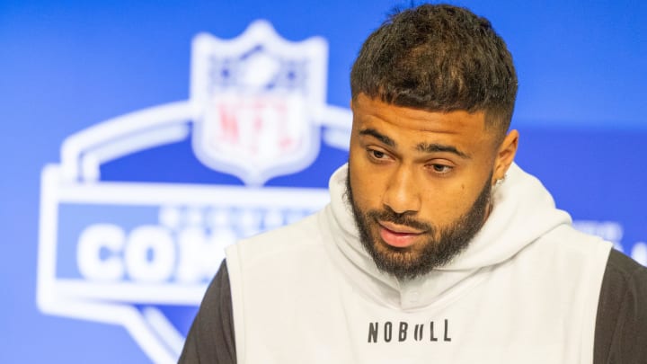 Feb 29, 2024; Indianapolis, IN, USA; Minnesota tight end Brevyn Spann-Ford (TE13) talks to the media during the 2024 NFL Combine at Lucas Oil Stadium. Mandatory Credit: Trevor Ruszkowski-USA TODAY Sports