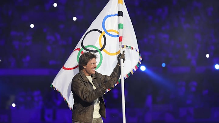 PARIS, Aug. 11, 2024 -- Hollywood star Tom Cruise takes part in a section which sees the Olympic Flag transferred from Paris to the 2028 host city, Los Angeles, during the closing ceremony of the Paris 2024 Olympic Games at the Stade de France in Paris, France, Aug. 11, 2024.