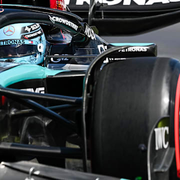 Jun 7, 2024; Montreal, Quebec, CAN; Mercedes driver George Russell (GBR) races during FP1 practice session of the Canadian Grand Prix at Circuit Gilles Villeneuve. Mandatory Credit: David Kirouac-USA TODAY Sports