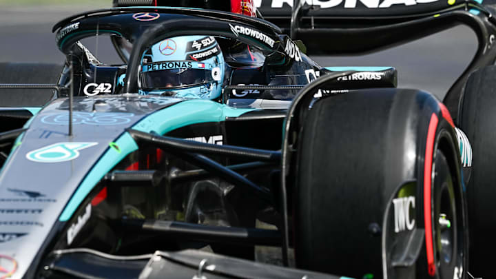 Jun 7, 2024; Montreal, Quebec, CAN; Mercedes driver George Russell (GBR) races during FP1 practice session of the Canadian Grand Prix at Circuit Gilles Villeneuve. Mandatory Credit: David Kirouac-USA TODAY Sports