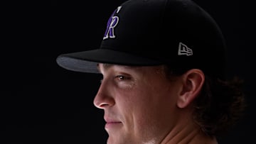Feb 20, 2025; Scottsdale, AZ, USA;  Colorado Rockies pitcher Chase Dollander (78) as shot during MLB Media Day at Salt River Fields. Mandatory Credit: Allan Henry-Imagn Images