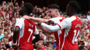 Arsenal celebrate scoring their second goal against Nottingham Forest