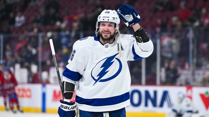 Apr 4, 2024; Montreal, Quebec, CAN; Tampa Bay Lightning right wing Nikita Kucherov (86) salutes fans in the crowd during warm-up before the game against the Montreal Canadiens at Bell Centre. Mandatory Credit: David Kirouac-USA TODAY Sports