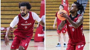 Indiana basketball guards Tayton Conerway (left) and Lamar Wilkerson (right) at practice Sept. 30, 2025, at Assembly Hall.