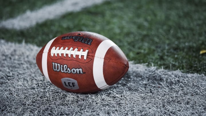 Oct 22, 2021; Montreal, Quebec, CAN; view of a CFL game ball with a french logo on the field before the first quarter during a Canadian Football League game at Molson Stadium. Mandatory Credit: David Kirouac-USA TODAY Sports