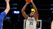 Dec 18, 2024; Washington, District of Columbia, USA; Georgetown Hoyas forward Thomas Sorber (35) takes a shot during the first half against the Creighton Bluejays at Capital One Arena. Mandatory Credit: Daniel Kucin Jr.-Imagn Images