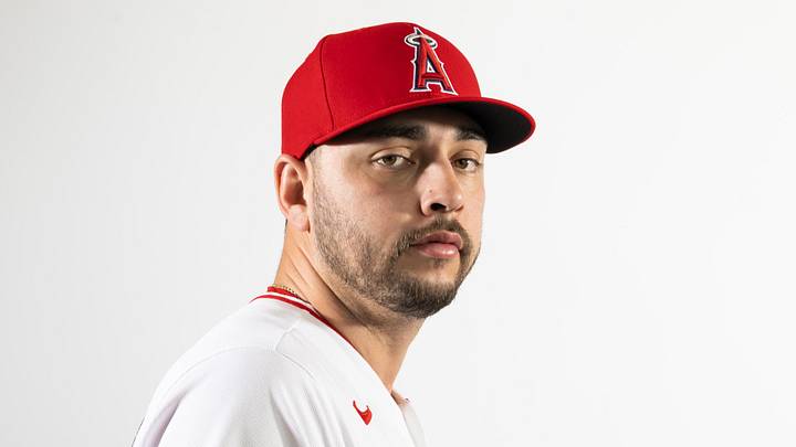Feb 18, 2026; Tempe, AZ, USA; Los Angeles Angels pitcher Tayler Saucedo poses for a portrait during photo day at Tempe Diablo Stadium.  Mandatory Credit: Mark J. Rebilas-Imagn Images