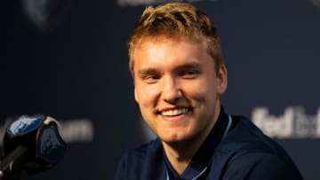 Cam Spencer, a second round draft pick for the Grizzlies, smiles during a press conference to introduce the 2024 NBA Draft picks at FedExForum on Friday, June 28, 2024.