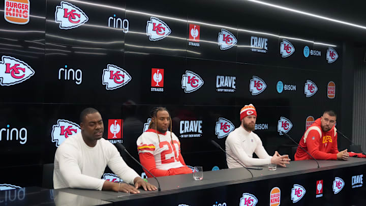 Kansas City Chiefs tackle Chris Jones, Justin Reid, place kicker Harrison Butker and tight end Travis Kelce at 2024 NFL game Kansas City Chiefs tackle Chris Jones, Justin Reid, place kicker Harrison Butker and tight end Travis Kelce at 2024 NFL game