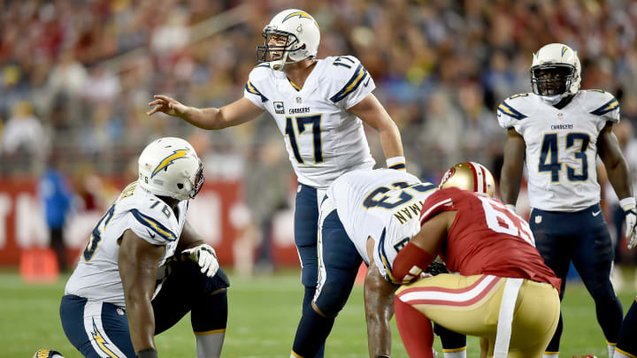 San Diego Chargers quarterback Philip Rivers calls an audible during their match against the San Francisco 49ers on Dec. 20, 2014. The Chargers went on to win 38-35 in overtime thanks to a game-winning field goal by Nick Novak