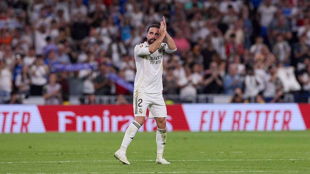 Daniel Carvajal of Real Madrid CF greetings the fans and