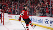 Oct 24, 2025; Newark, New Jersey, USA; New Jersey Devils center Jack Hughes (86) celebrates his game winning goal against the Colorado Avalanche in overtime at Prudential Center. Mandatory Credit: Ed Mulholland-Imagn Images