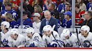 Nov 15, 2025; Chicago, Illinois, USA; Toronto Maple Leafs head coach Craig Berube reacts on the bench during the first period at United Center. Mandatory Credit: Kamil Krzaczynski-Imagn Images