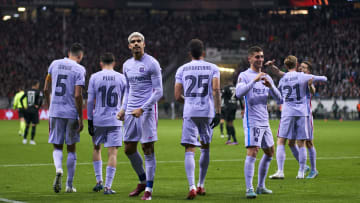 Barcelona celebrate their equaliser on a tough night for the Catalans against a spirited Eintracht Frankfurt