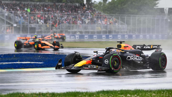 Jun 9, 2024; Montreal, Quebec, CAN; Red Bull Racing driver Max Verstappen (NED) races during the Canadien Grand Prix at Circuit Gilles Villeneuve. Mandatory Credit: David Kirouac-USA TODAY Sports