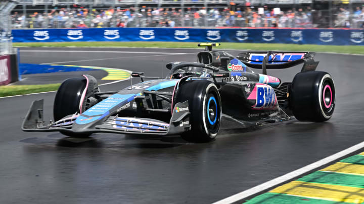 Jun 9, 2024; Montreal, Quebec, CAN; BWT Alpine driver Pierre Gasly (FRA) slides on the track with his new tires during the Canadian Grand Prix at Circuit Gilles Villeneuve. Mandatory Credit: David Kirouac-USA TODAY Sports