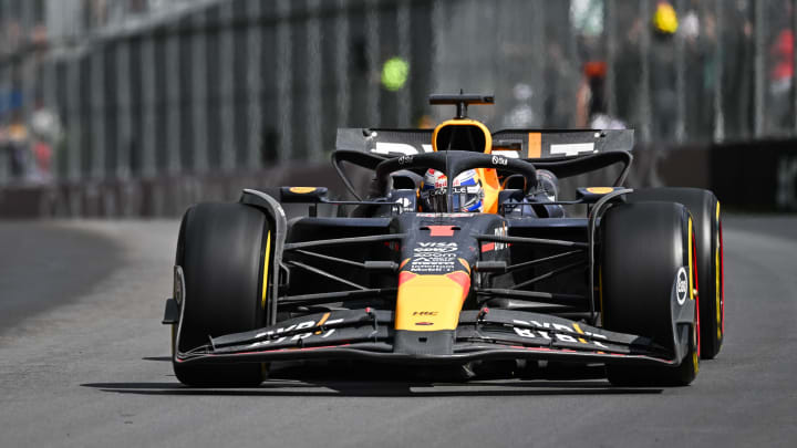 Jun 9, 2024; Montreal, Quebec, CAN; Red Bull Racing driver Max Verstappen (NED) races during the Canadian Grand Prix at Circuit Gilles Villeneuve. Mandatory Credit: David Kirouac-USA TODAY Sports