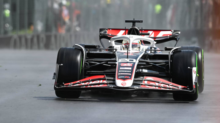 Jun 7, 2024; Montreal, Quebec, CAN; Haas driver Kevin Magnussen (DNK) races during FP1 practice session of the Canadian Grand Prix at Circuit Gilles Villeneuve. Mandatory Credit: David Kirouac-USA TODAY Sports