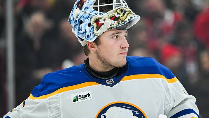 Look on Buffalo Sabres goalie Ukko-Pekka Luukkonen (1) with his helmet up against the Montreal Canadiens during the second period at Bell Centre. Mandatory Credit: David Kirouac-Imagn Images