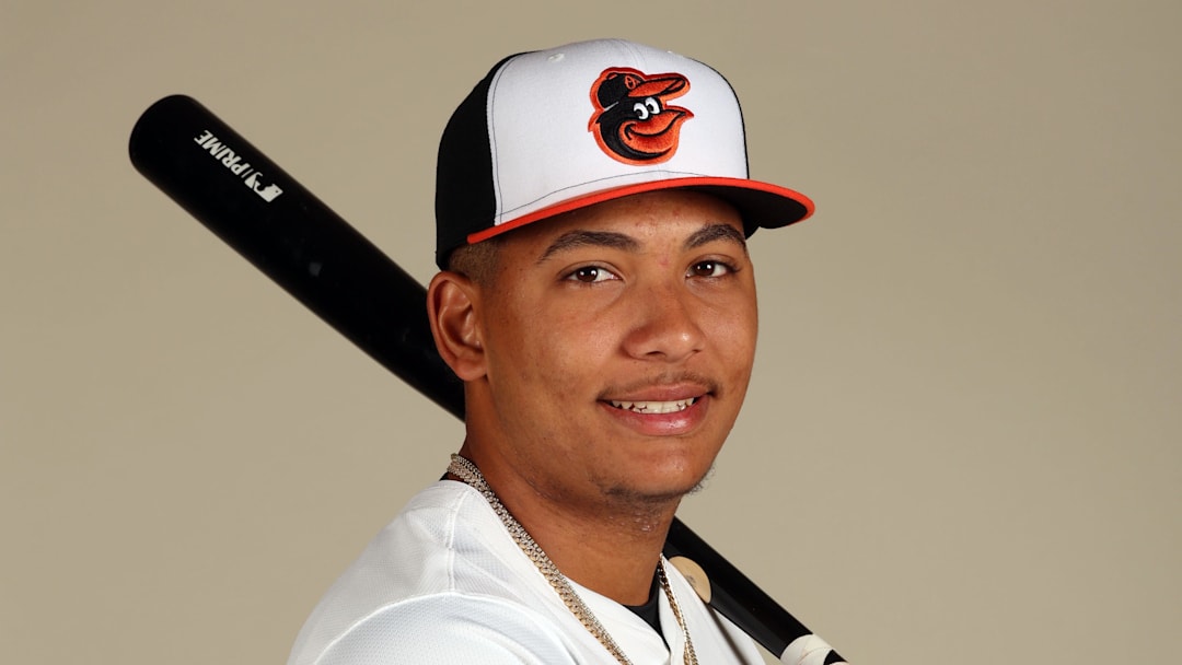 Feb 21, 2024; Sarasota, FL, USA; Baltimore Orioles catcher Samuel Basallo (89) poses for a photo during photo day at Ed Smith Stadium. Mandatory Credit: Kim Klement Neitzel-Imagn Images