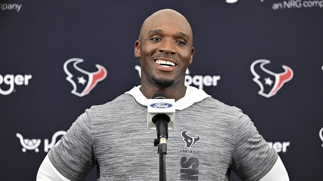 Jun 10, 2025; Houston, TX, USA; Houston Texans head coach DeMeco Ryans speaks during a press conference after an NFL football minicamp at NRG Stadium. Mandatory Credit: Maria Lysaker-Imagn Images 