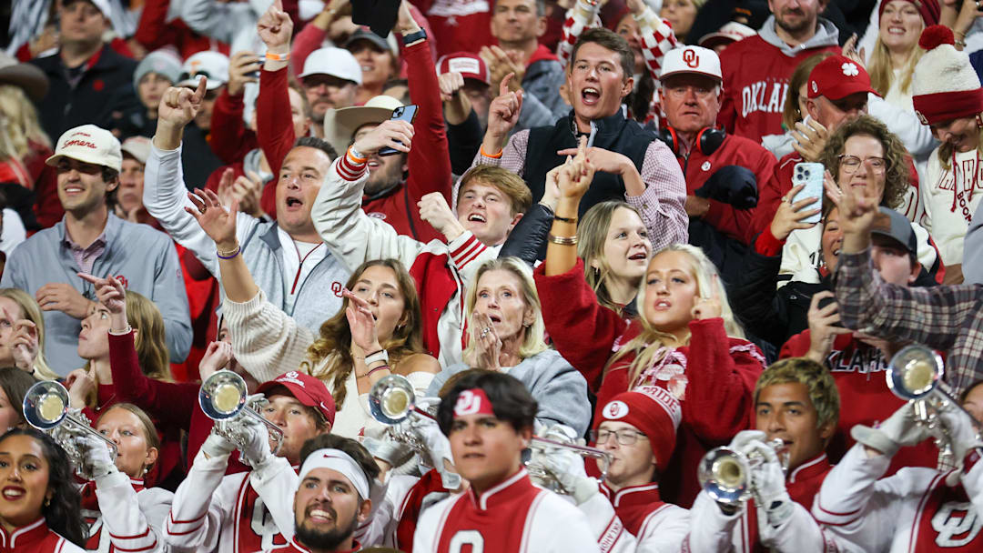 Oklahoma Sooners fans celebrate after defeating the Tennessee Volunteers at Neyland Stadium. 