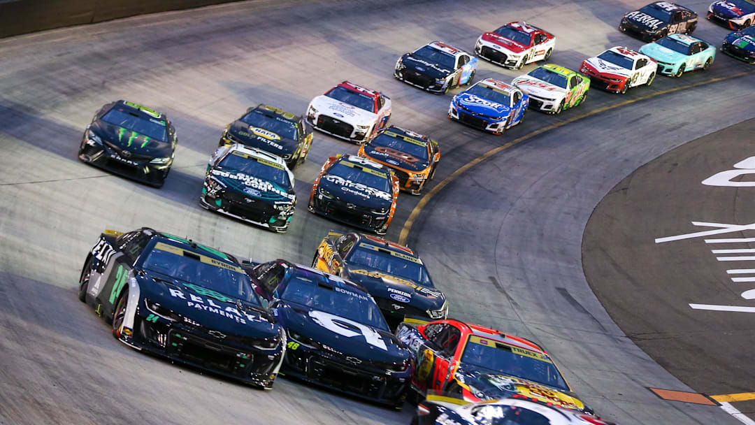 Sep 16, 2023; Bristol, Tennessee, USA; NASCAR Cup Series driver William Byron (24) and driver Martin Truex Jr. (19) and driver Alex Bowman (48) during the Bass Pro Shops Night Race at Bristol Motor Speedway. 