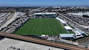 A general overall aerial view of the Los Angeles Chargers headquarters and training facility at The Bolt.