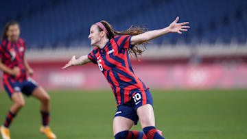 Rose Lavelle celebrates a goal for the USWNT against New Zealand during the Summer Olympics in 2021.
