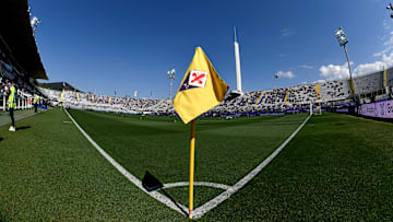 Fiorentina logo printed on the corner kick flag is seen...