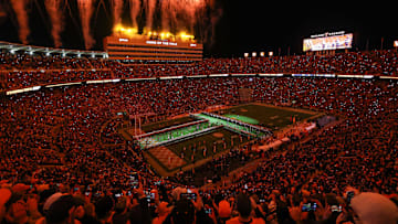 Nov 1, 2025; Knoxville, Tennessee, USA; The Tennessee Volunteers run through the T before the game against the Oklahoma Sooners at Neyland Stadium. Mandatory Credit: Randy Sartin-Imagn Images