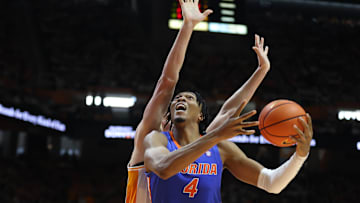 Feb 1, 2025; Knoxville, Tennessee, USA; Florida Gators forward Sam Alexis (4) goes to the basket against the Tennessee Volunteers during the second half at Thompson-Boling Arena at Food City Center. Mandatory Credit: Randy Sartin-Imagn Images