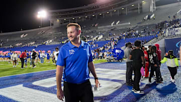 Memphis' head coach Ryan Silverfield smiles as he walks off the field after Memphis defeated Tulsa 45-7 at Simmons Bank Liberty Stadium in Memphis, Tenn., on October 4, 2025.