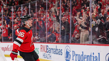 Oct 24, 2025; Newark, New Jersey, USA; New Jersey Devils center Jack Hughes (86) celebrates his game winning goal against the Colorado Avalanche in overtime at Prudential Center. Mandatory Credit: Ed Mulholland-Imagn Images