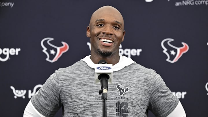 Jun 10, 2025; Houston, TX, USA; Houston Texans head coach DeMeco Ryans speaks during a press conference after an NFL football minicamp at NRG Stadium. Mandatory Credit: Maria Lysaker-Imagn Images 