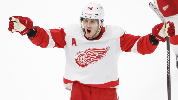 Detroit Red Wings right wing Patrick Kane (88) celebrates after scoring an overtime goal.