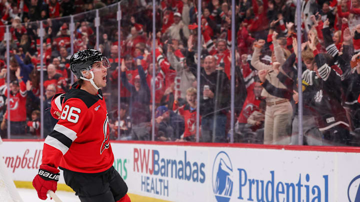 Oct 24, 2025; Newark, New Jersey, USA; New Jersey Devils center Jack Hughes (86) celebrates his game winning goal against the Colorado Avalanche in overtime at Prudential Center. Mandatory Credit: Ed Mulholland-Imagn Images