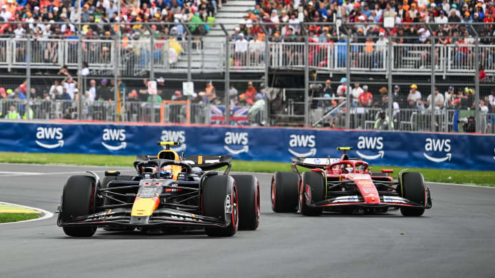 Jun 8, 2024; Montreal, Quebec, CAN; Red Bull Racing driver Sergio Perez (MEX) races during the qualifying session of the Canadian Grand Prix at Circuit Gilles Villeneuve. Mandatory Credit: David Kirouac-USA TODAY Sports