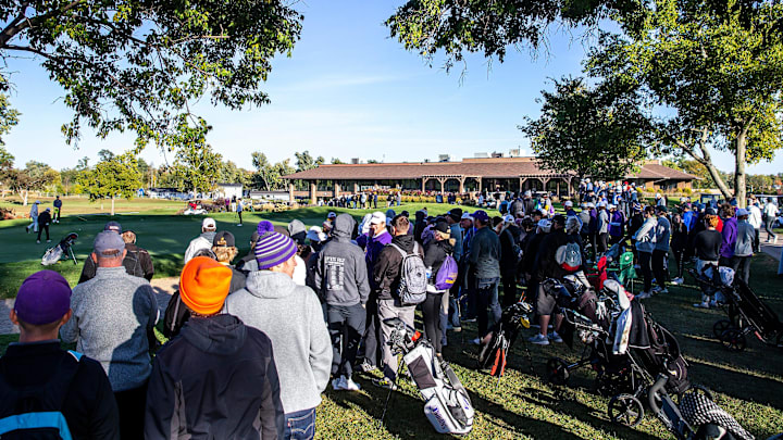 Golf fans gather at the 18th hole during the Class 4A high school boys' golf state championship, Saturday, Oct. 8, 2022, at Elmcrest Country Club in Cedar Rapids, Iowa.