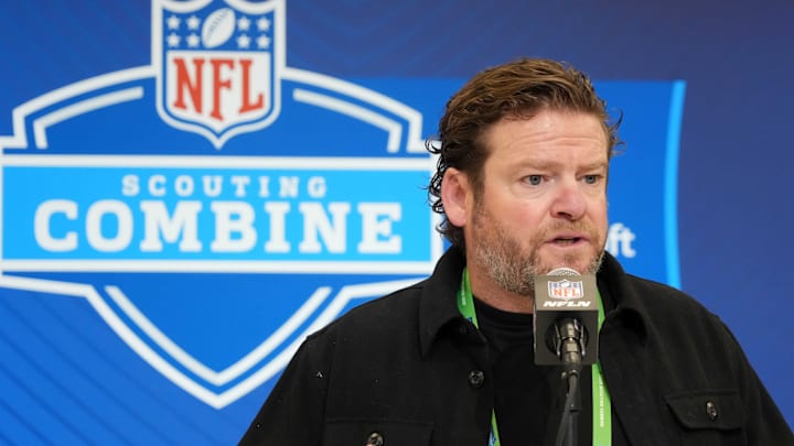 Feb 25, 2025; Indianapolis, IN, USA; Seattle Seahawks general manager John Schneider speaks during the NFL Scouting Combine at the Indiana Convention Center. Feb 25, 2025; Indianapolis, IN, USA; Seattle Seahawks general manager John Schneider speaks during the NFL Scouting Combine at the Indiana Convention Center.