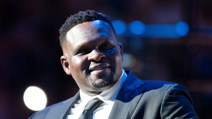 Former Grizzlies player Zach Randolph smiles during the jersey retirement ceremony for Marc Gasol at FedExForum in Memphis, Tenn., on Saturday, April 6, 2024.