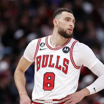 Feb 2, 2023; Chicago, Illinois, USA; Chicago Bulls guard Zach LaVine (8) reacts during the first half of an NBA game against the Charlotte Hornets at United Center. Mandatory Credit: Kamil Krzaczynski-USA TODAY Sports