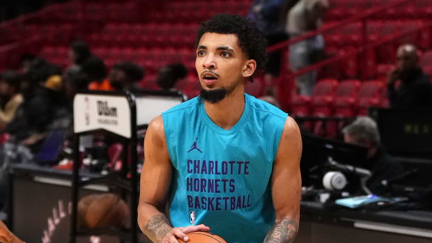 Charlotte Hornets guard James Bouknight (2) warms up. Jasen Vinlove-USA TODAY Sports