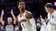 Arizona Wildcats guard Caleb Love (1) reacts after making a three-point basket during overtime against the Iowa States Cyclones at McKale Center.