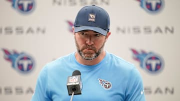 Tennessee Titans coach Brian Callahan takes questions after their 41-20 loss against the Indianapolis Colts at Nissan Stadium in Nashville, Tenn., Sunday, Sept. 21, 2025.