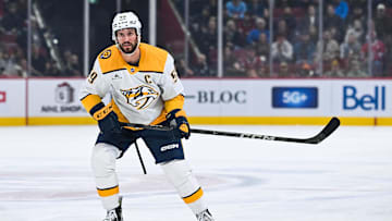 Dec 5, 2024; Montreal, Quebec, CAN; Nashville Predators defenseman Roman Josi (59) looks on against the Montreal Canadiens during the first period at Bell Centre. Mandatory Credit: David Kirouac-Imagn Images